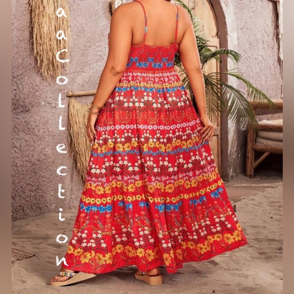 Boho Plus Size Floral Print Twist Bandeau Cami Tank Top Maxi Dress Red - Picture 2 of 3